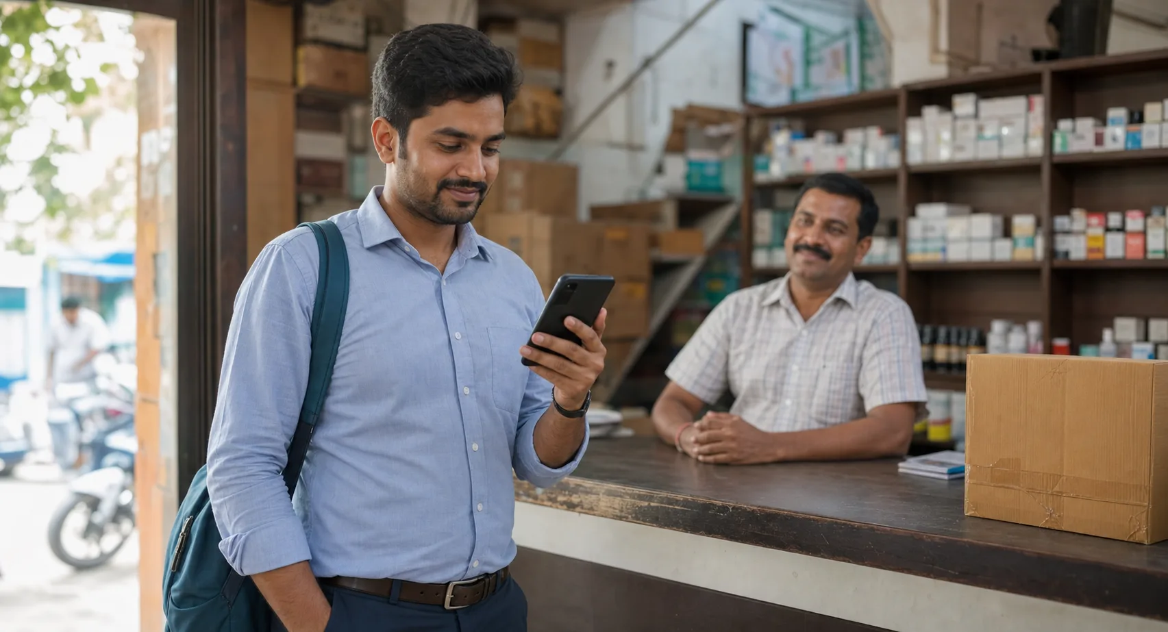 Indian field sales representative checking WorkBuddy after a dealer counter visit