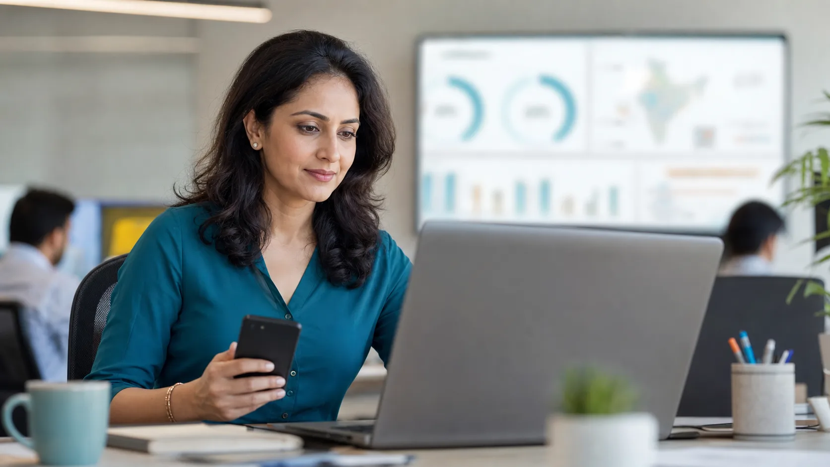 Indian sales manager reviewing WorkBuddy field updates on a laptop